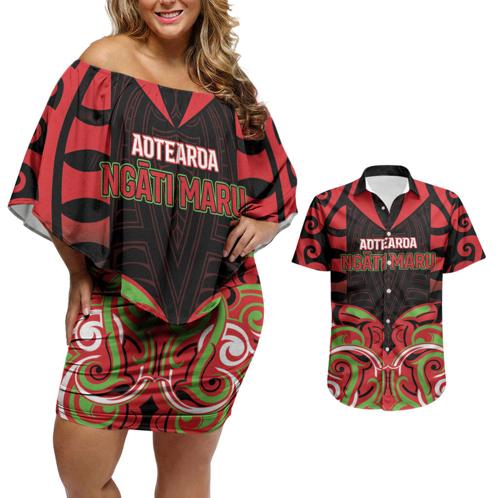Custom Aotearoa Ngati Maru Couples Matching Off Shoulder Short Dress and Hawaiian Shirt New Zealand Traditional Maori Pattern DT05 Red - Polynesian Pride