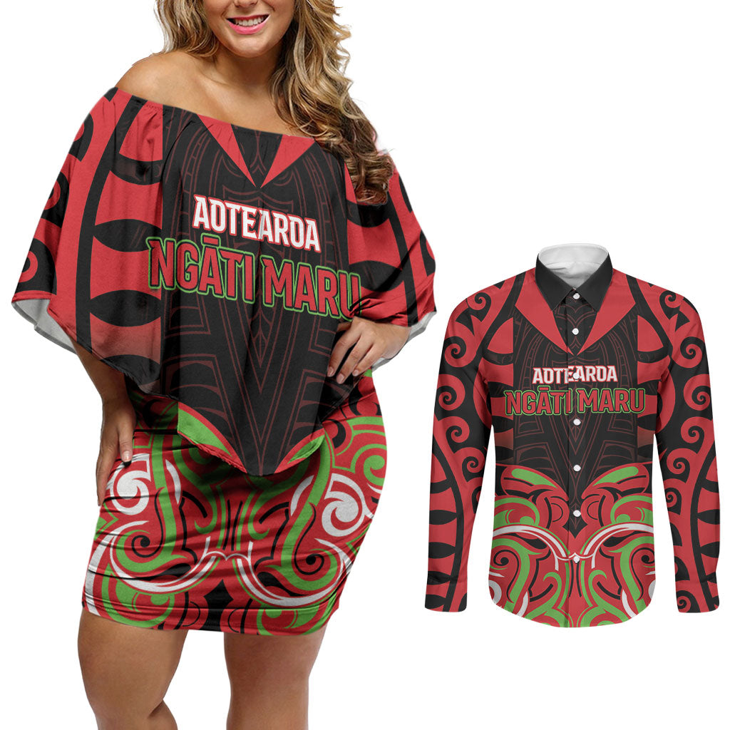 Custom Aotearoa Ngati Maru Couples Matching Off Shoulder Short Dress and Long Sleeve Button Shirt New Zealand Traditional Maori Pattern DT05 Red - Polynesian Pride