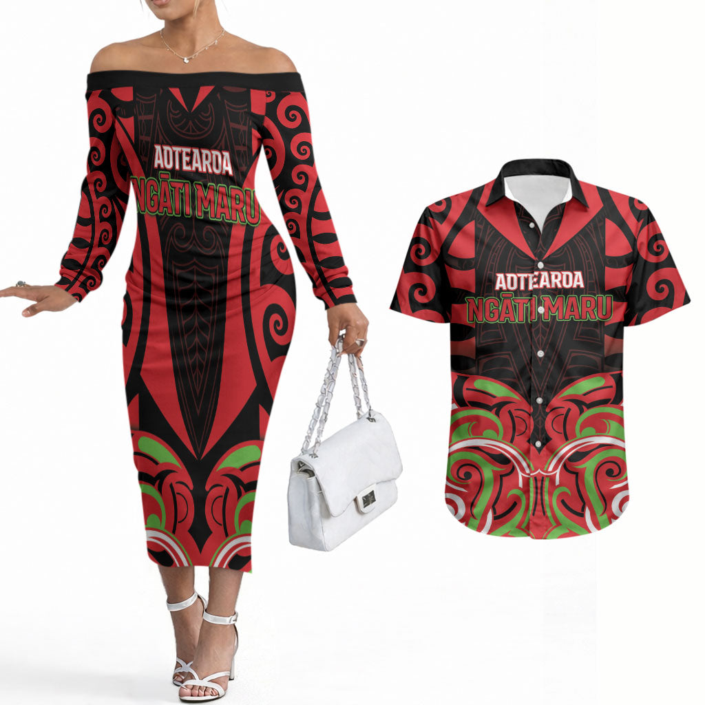 Custom Aotearoa Ngati Maru Couples Matching Off The Shoulder Long Sleeve Dress and Hawaiian Shirt New Zealand Traditional Maori Pattern DT05 Red - Polynesian Pride