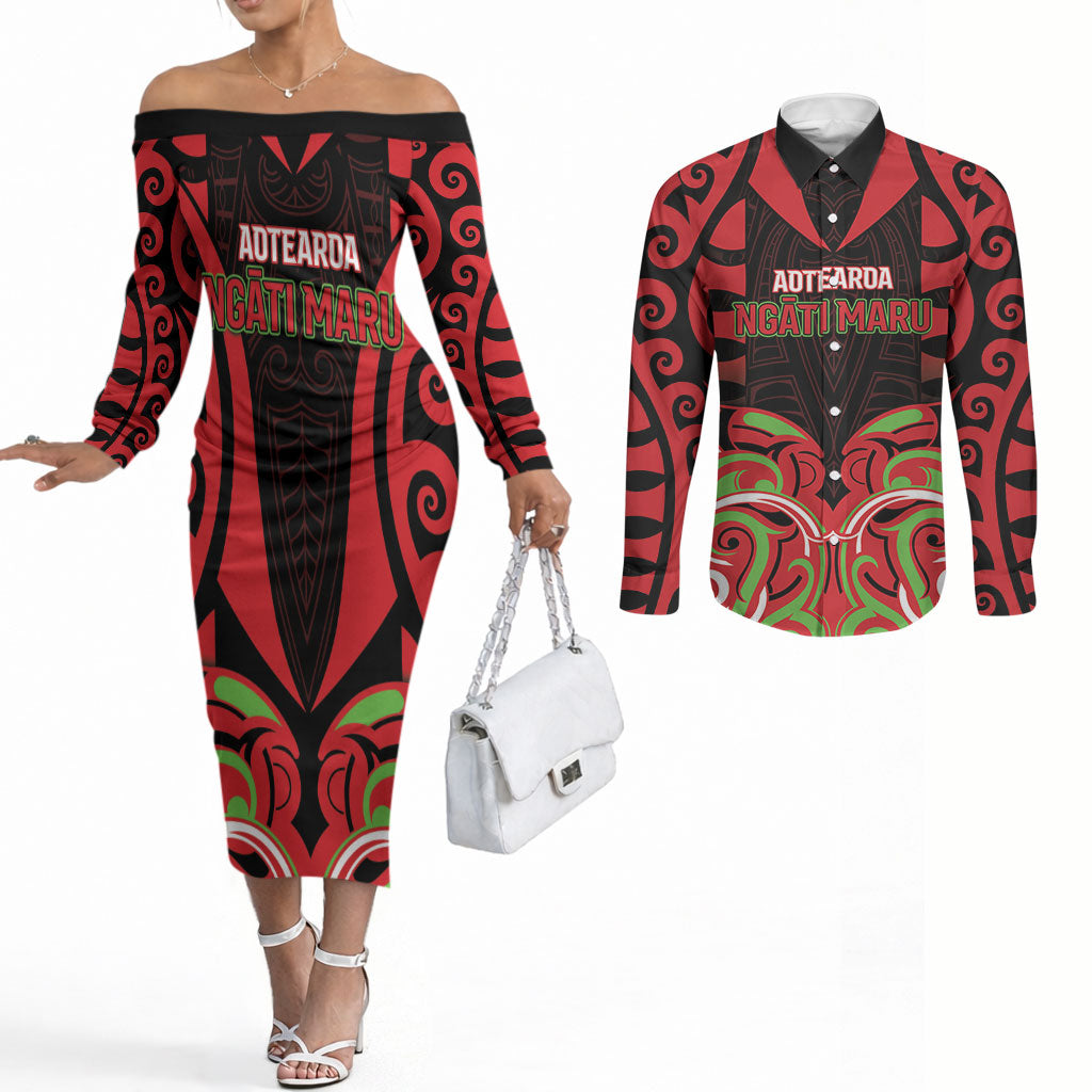Custom Aotearoa Ngati Maru Couples Matching Off The Shoulder Long Sleeve Dress and Long Sleeve Button Shirt New Zealand Traditional Maori Pattern DT05 Red - Polynesian Pride