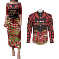 Custom Aotearoa Ngati Maru Couples Matching Puletasi and Long Sleeve Button Shirt New Zealand Traditional Maori Pattern DT05 Red - Polynesian Pride