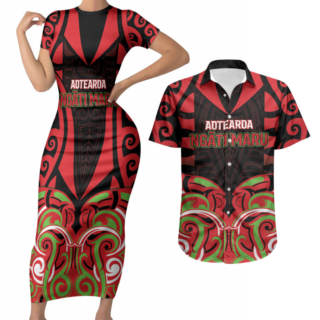 Custom Aotearoa Ngati Maru Couples Matching Short Sleeve Bodycon Dress and Hawaiian Shirt New Zealand Traditional Maori Pattern DT05 Red - Polynesian Pride