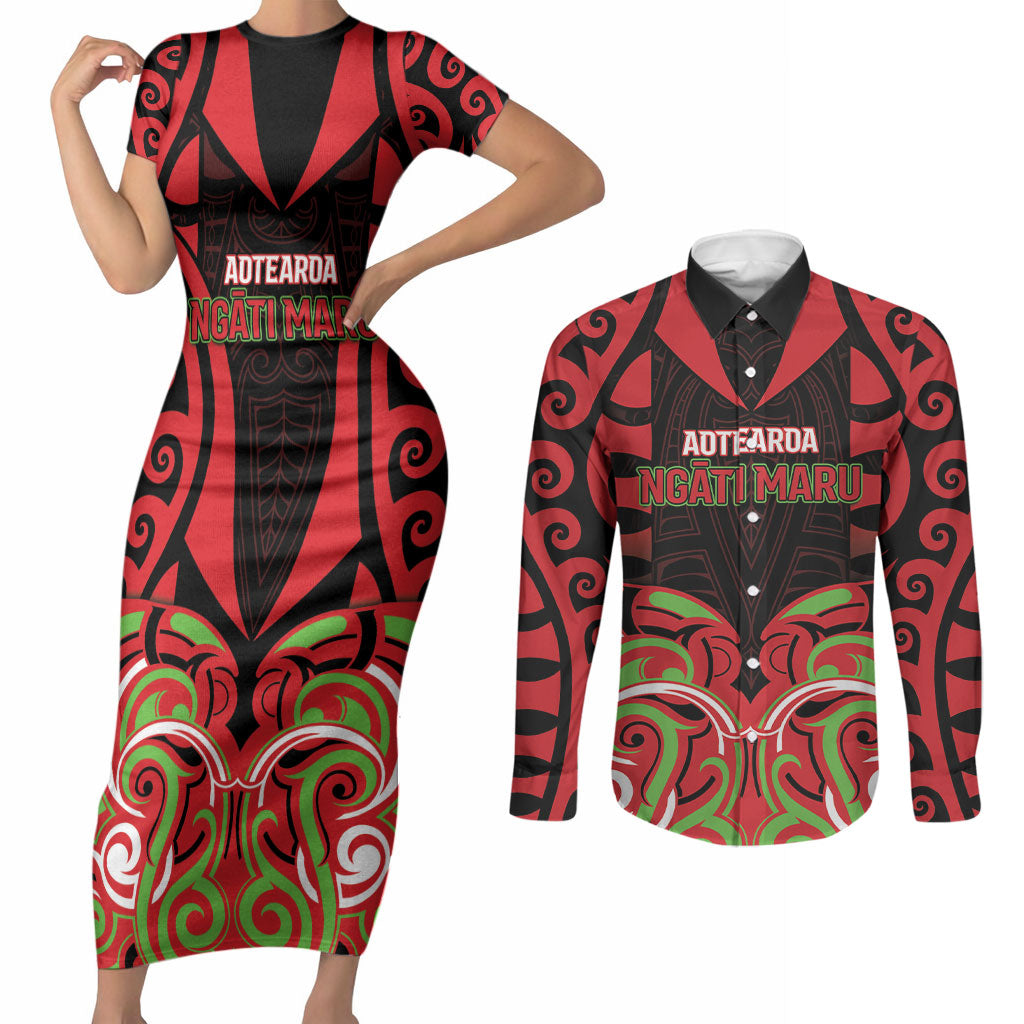 Custom Aotearoa Ngati Maru Couples Matching Short Sleeve Bodycon Dress and Long Sleeve Button Shirt New Zealand Traditional Maori Pattern DT05 Red - Polynesian Pride