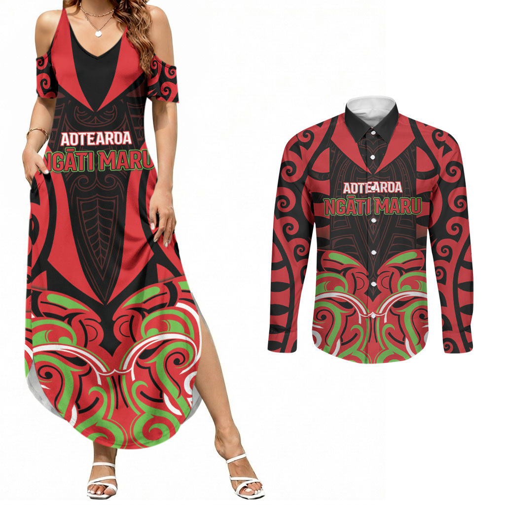 Custom Aotearoa Ngati Maru Couples Matching Summer Maxi Dress and Long Sleeve Button Shirt New Zealand Traditional Maori Pattern DT05 Red - Polynesian Pride