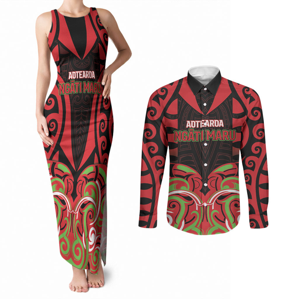 Custom Aotearoa Ngati Maru Couples Matching Tank Maxi Dress and Long Sleeve Button Shirt New Zealand Traditional Maori Pattern DT05 Red - Polynesian Pride