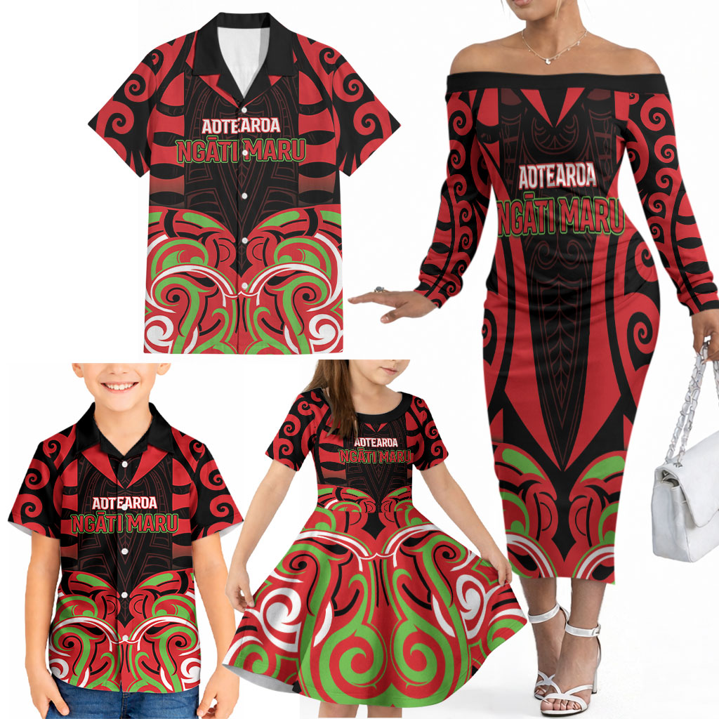 Custom Aotearoa Ngati Maru Family Matching Off The Shoulder Long Sleeve Dress and Hawaiian Shirt New Zealand Traditional Maori Pattern DT05 - Polynesian Pride