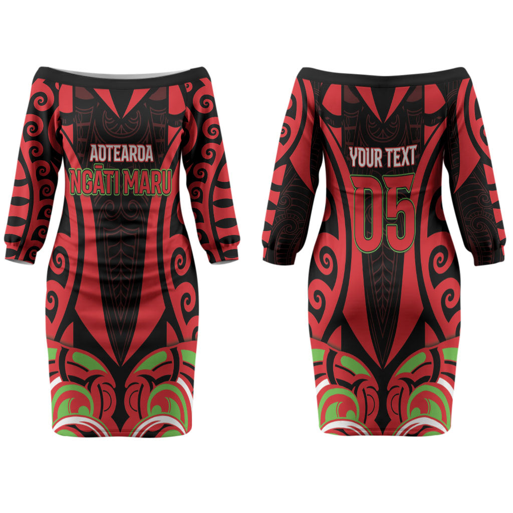 Custom Aotearoa Ngati Maru Family Matching Off The Shoulder Long Sleeve Dress and Hawaiian Shirt New Zealand Traditional Maori Pattern DT05 Mom's Dress Red - Polynesian Pride