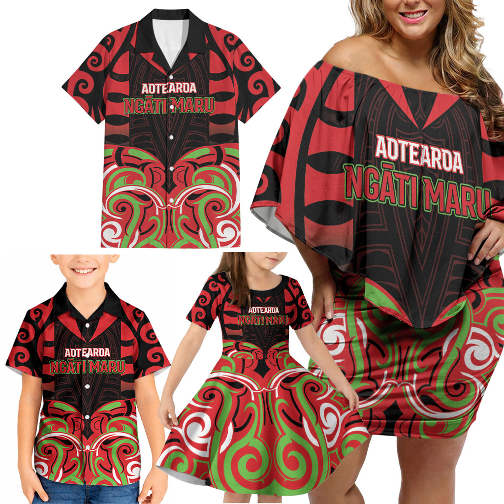 Custom Aotearoa Ngati Maru Family Matching Off Shoulder Short Dress and Hawaiian Shirt New Zealand Traditional Maori Pattern DT05 - Polynesian Pride