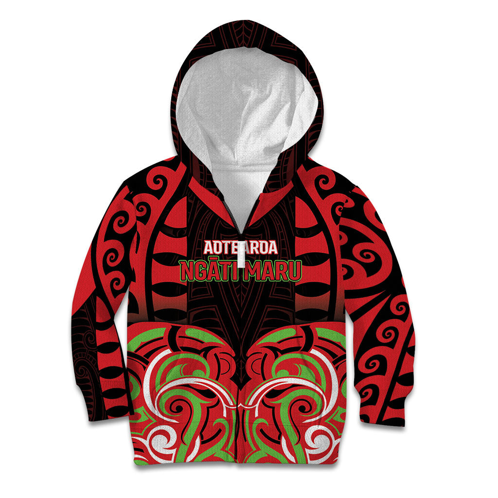 Custom Aotearoa Ngati Maru Kid Hoodie New Zealand Traditional Maori Pattern DT05 Zip Hoodie Red - Polynesian Pride