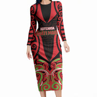 Custom Aotearoa Ngati Maru Long Sleeve Bodycon Dress New Zealand Traditional Maori Pattern DT05 Long Dress Red - Polynesian Pride