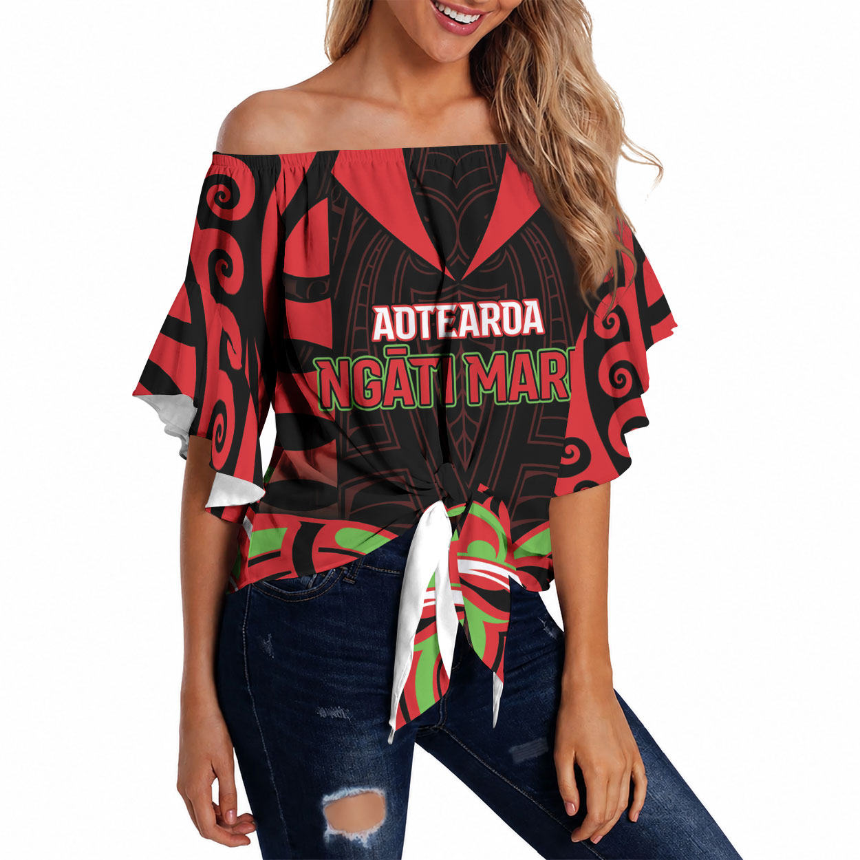 Custom Aotearoa Ngati Maru Off Shoulder Wrap Waist Top New Zealand Traditional Maori Pattern DT05 Red - Polynesian Pride