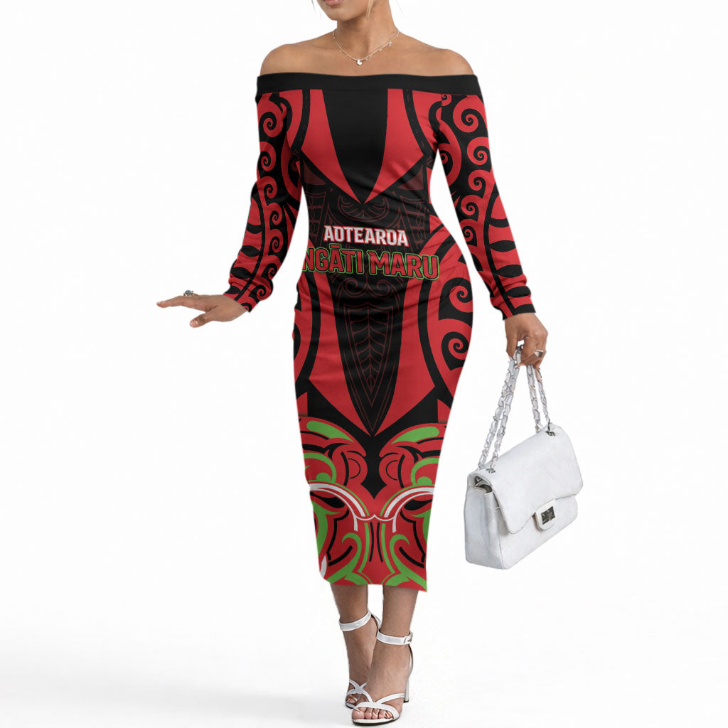 Custom Aotearoa Ngati Maru Off The Shoulder Long Sleeve Dress New Zealand Traditional Maori Pattern DT05 Women Red - Polynesian Pride