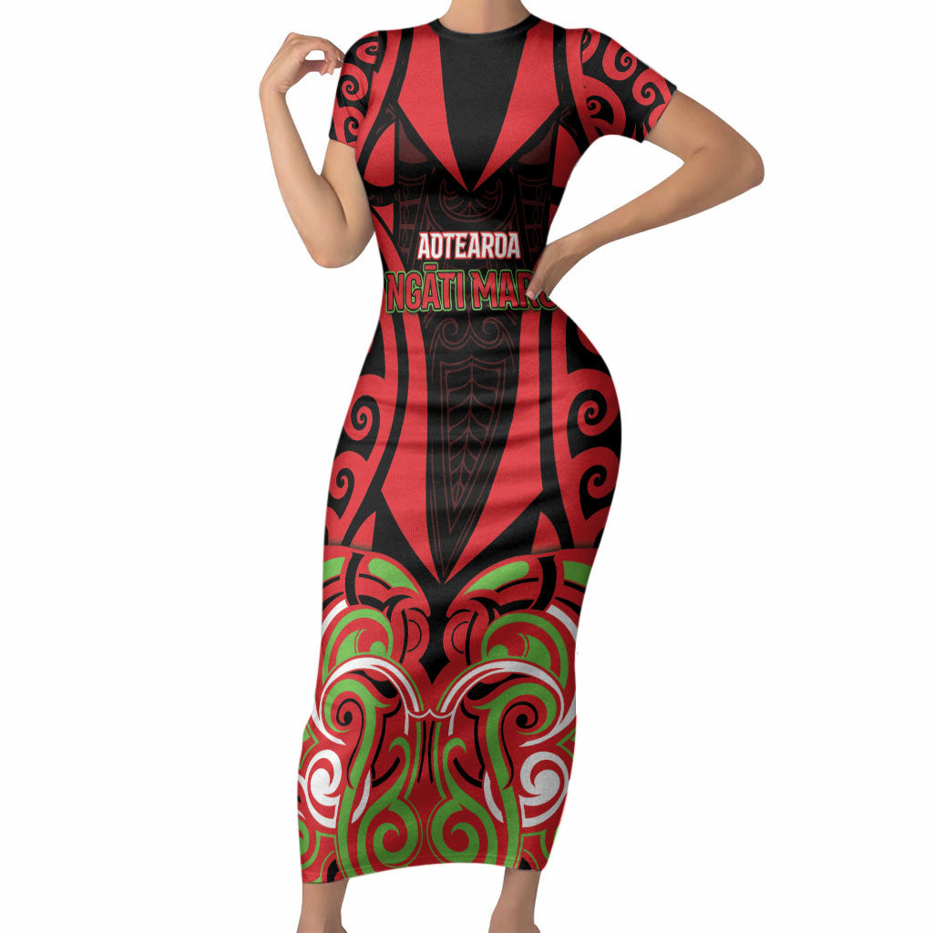 Custom Aotearoa Ngati Maru Short Sleeve Bodycon Dress New Zealand Traditional Maori Pattern DT05 Long Dress Red - Polynesian Pride