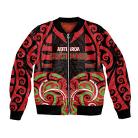Custom Aotearoa Ngati Maru Sleeve Zip Bomber Jacket New Zealand Traditional Maori Pattern DT05 Unisex Red - Polynesian Pride