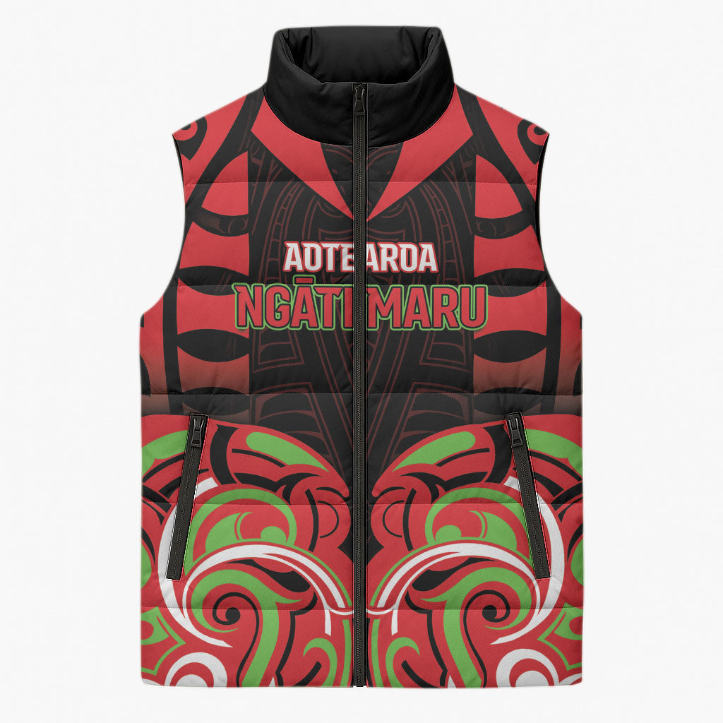 Custom Aotearoa Ngati Maru Sleeveless Puffer Jacket New Zealand Traditional Maori Pattern DT05 Unisex Red - Polynesian Pride