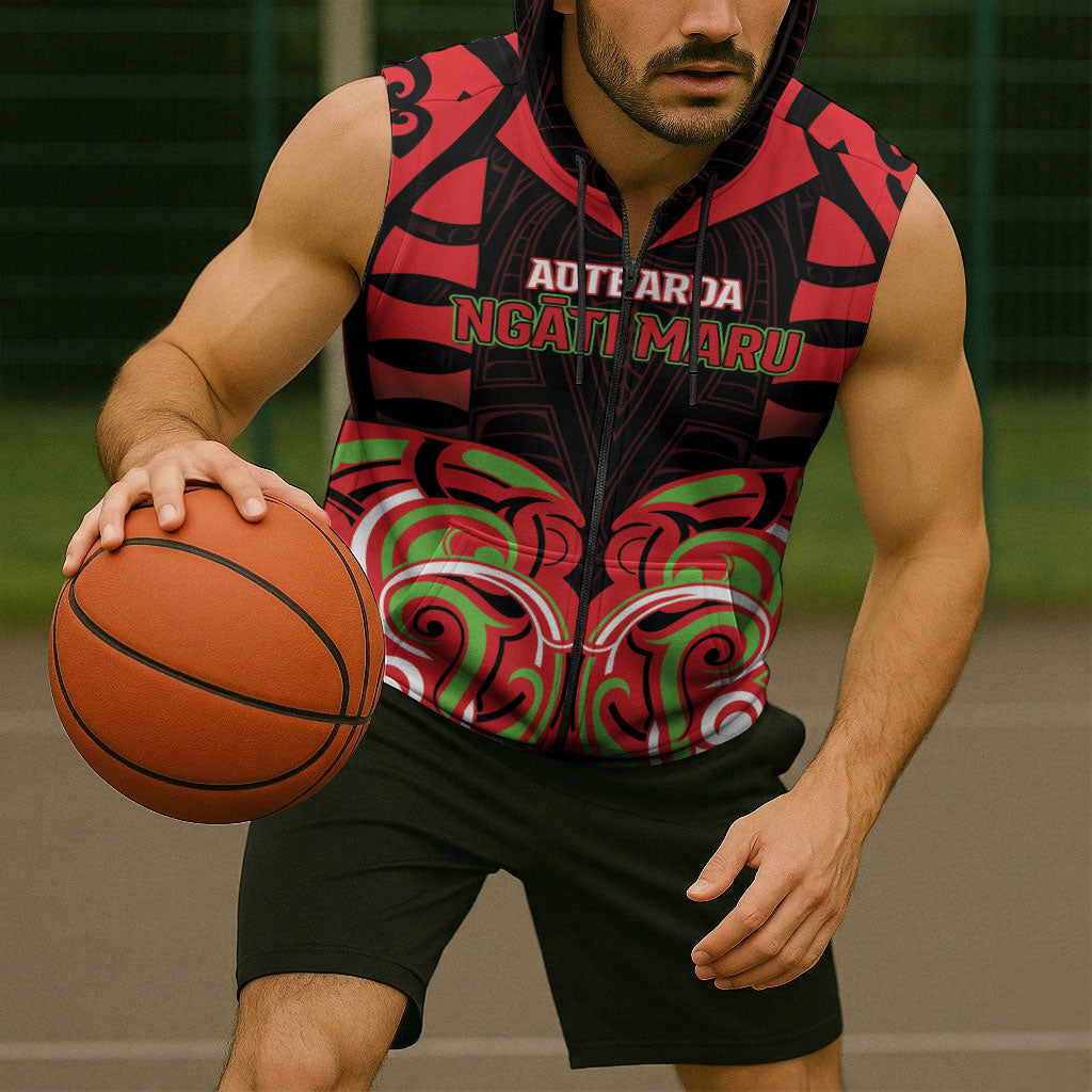 Custom Aotearoa Ngati Maru Sleeveless Zip Hoodie New Zealand Traditional Maori Pattern DT05 - Polynesian Pride