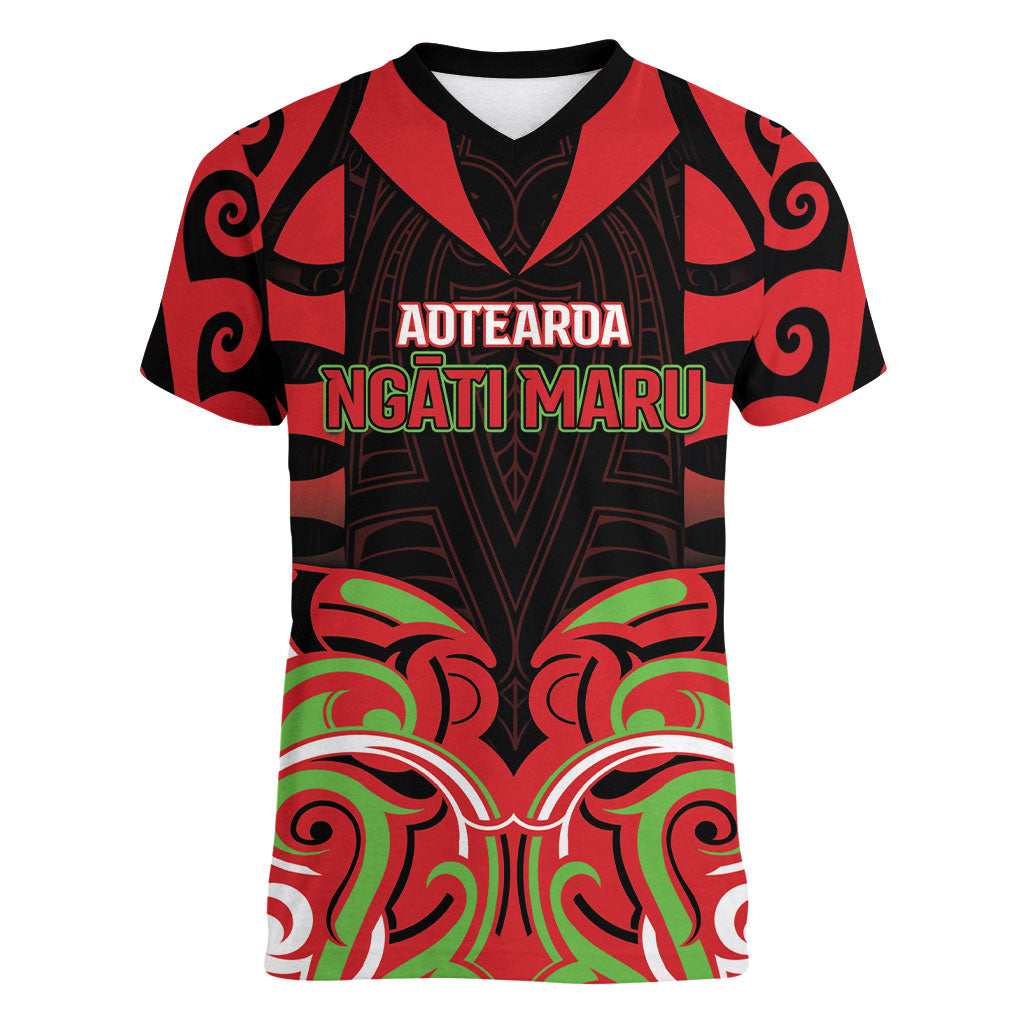 Custom Aotearoa Ngati Maru Women V-Neck T-Shirt New Zealand Traditional Maori Pattern DT05 Female Red - Polynesian Pride