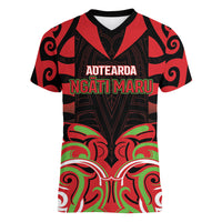 Custom Aotearoa Ngati Maru Women V-Neck T-Shirt New Zealand Traditional Maori Pattern DT05 Female Red - Polynesian Pride
