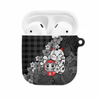 Black Palaka Hawaiian And Japanese AirPods Case Maneki Neko And Sakura Bloom DT05 Black - Polynesian Pride