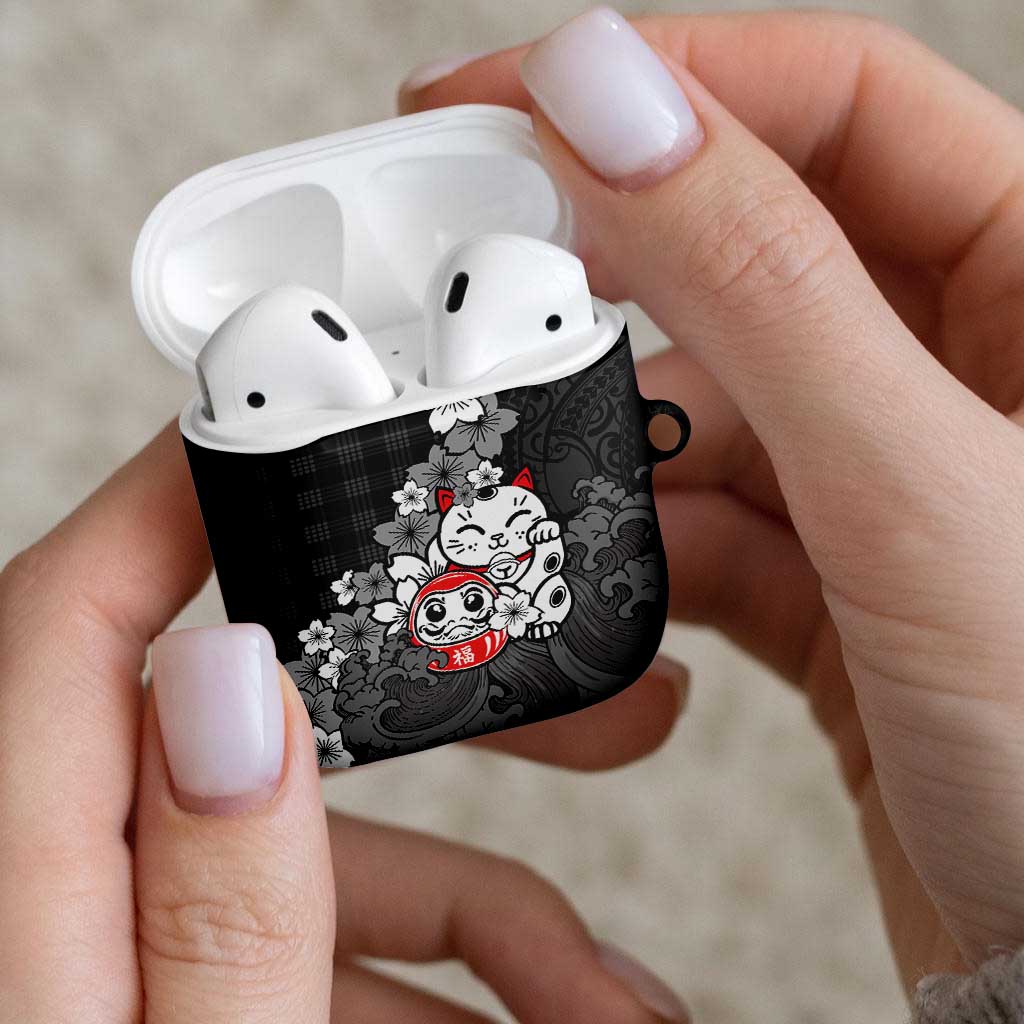 Black Palaka Hawaiian And Japanese AirPods Case Maneki Neko And Sakura Bloom DT05 - Polynesian Pride