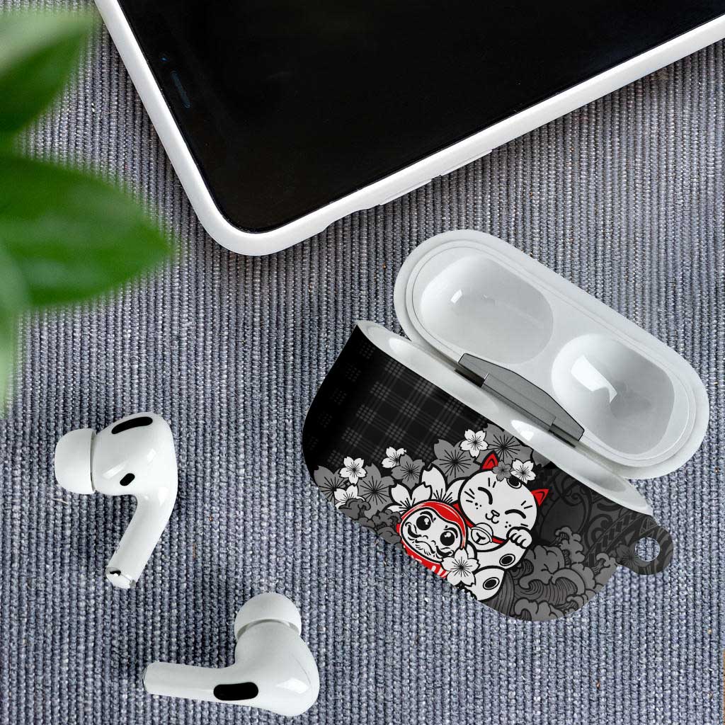 Black Palaka Hawaiian And Japanese AirPods Case Maneki Neko And Sakura Bloom DT05 - Polynesian Pride