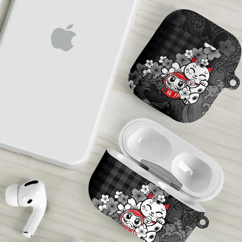Black Palaka Hawaiian And Japanese AirPods Case Maneki Neko And Sakura Bloom DT05 - Polynesian Pride