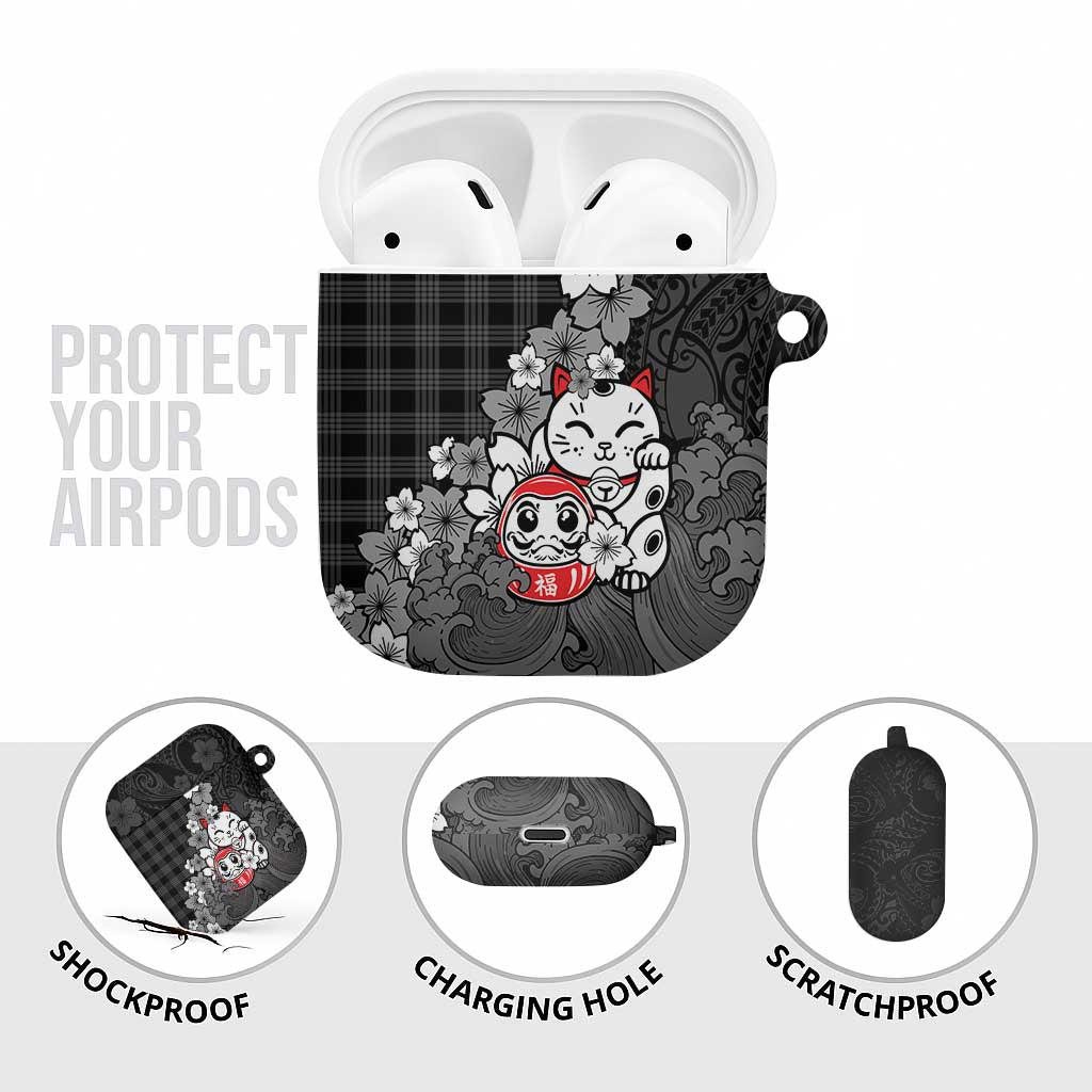 Black Palaka Hawaiian And Japanese AirPods Case Maneki Neko And Sakura Bloom DT05 - Polynesian Pride