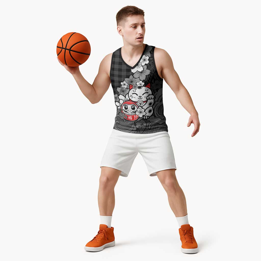 Black Palaka Hawaiian And Japanese Basketball Jersey Maneki Neko And Sakura Bloom