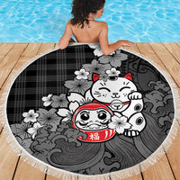 Black Palaka Hawaiian And Japanese Beach Blanket Maneki Neko And Sakura Bloom DT05 - Polynesian Pride