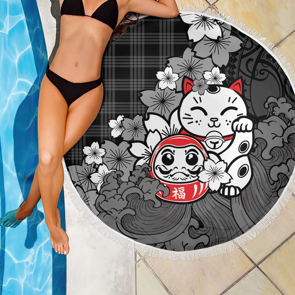 Black Palaka Hawaiian And Japanese Beach Blanket Maneki Neko And Sakura Bloom DT05 - Polynesian Pride