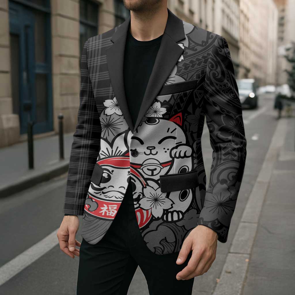 Black Palaka Hawaiian And Japanese Blazer Maneki Neko And Sakura Bloom