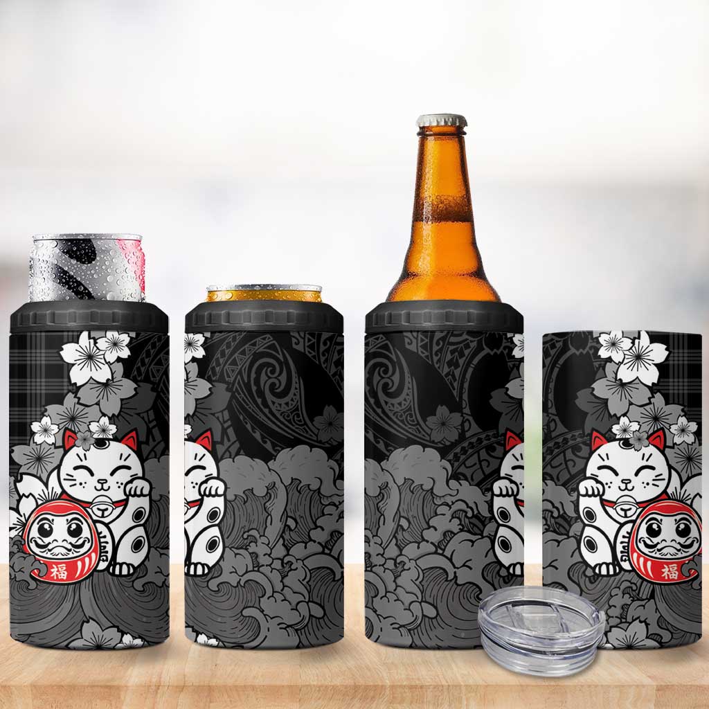 Black Palaka Hawaiian And Japanese 4 in 1 Can Cooler Tumbler Maneki Neko And Sakura Bloom DT05 - Polynesian Pride