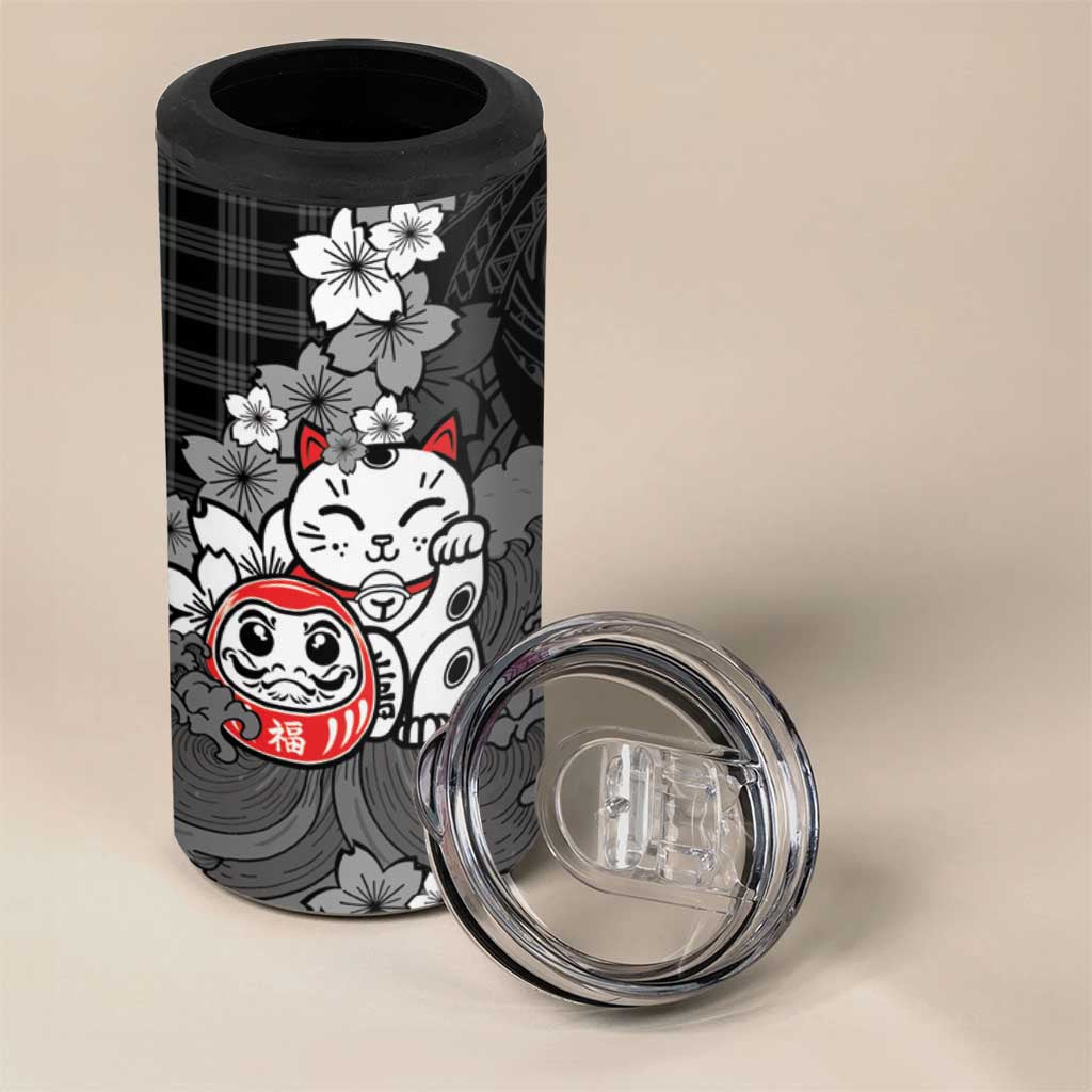 Black Palaka Hawaiian And Japanese 4 in 1 Can Cooler Tumbler Maneki Neko And Sakura Bloom DT05 - Polynesian Pride