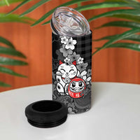 Black Palaka Hawaiian And Japanese 4 in 1 Can Cooler Tumbler Maneki Neko And Sakura Bloom DT05 - Polynesian Pride
