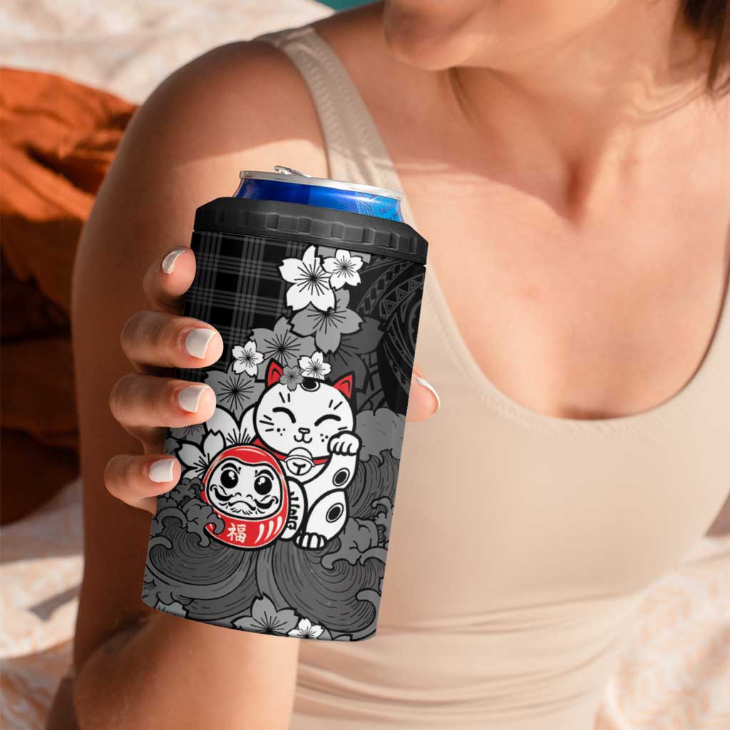 Black Palaka Hawaiian And Japanese 4 in 1 Can Cooler Tumbler Maneki Neko And Sakura Bloom DT05 - Polynesian Pride