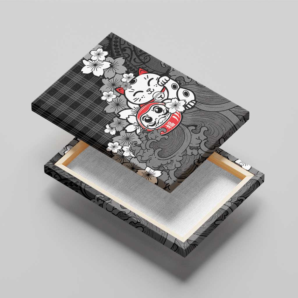 Black Palaka Hawaiian And Japanese Canvas Wall Art Maneki Neko And Sakura Bloom