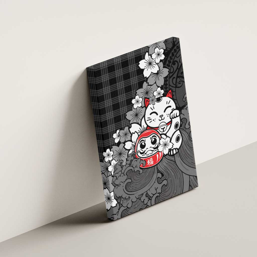 Black Palaka Hawaiian And Japanese Canvas Wall Art Maneki Neko And Sakura Bloom