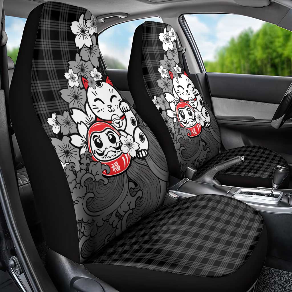 Black Palaka Hawaiian And Japanese Car Seat Cover Maneki Neko And Sakura Bloom