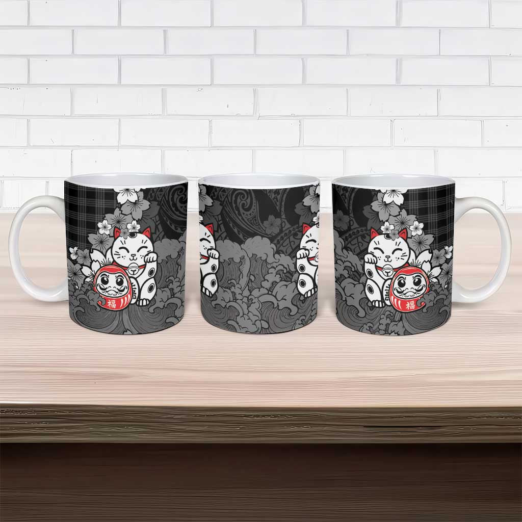 Black Palaka Hawaiian And Japanese Ceramic Mug Maneki Neko And Sakura Bloom