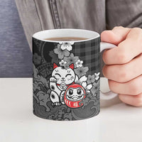 Black Palaka Hawaiian And Japanese Ceramic Mug Maneki Neko And Sakura Bloom