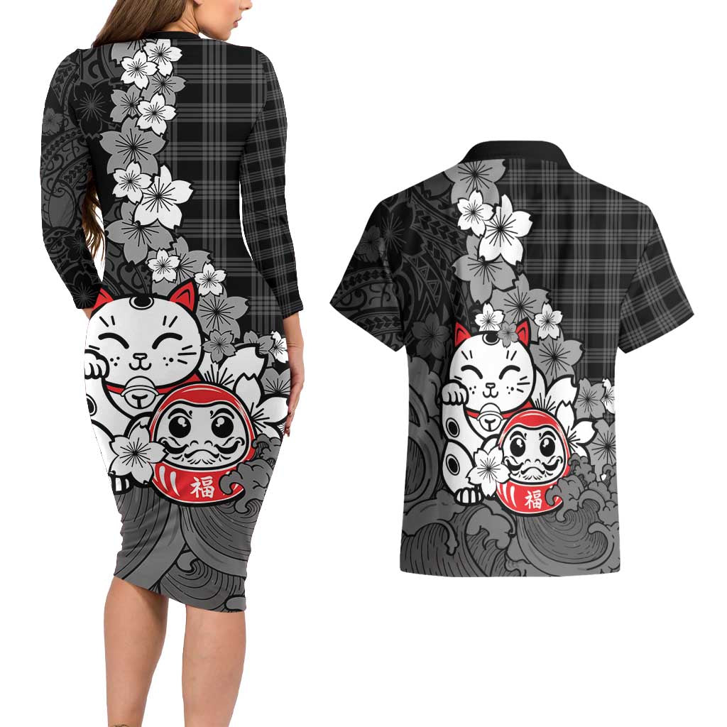 Black Palaka Hawaiian And Japanese Couples Matching Long Sleeve Bodycon Dress and Hawaiian Shirt Maneki Neko And Sakura Bloom