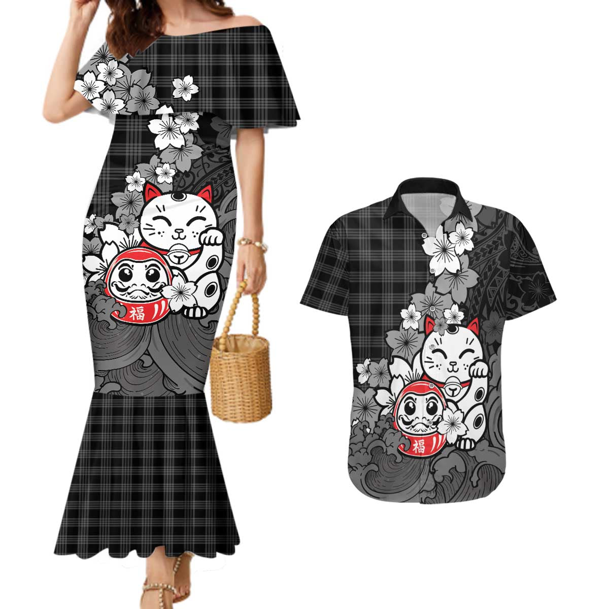 Black Palaka Hawaiian And Japanese Couples Matching Mermaid Dress and Hawaiian Shirt Maneki Neko And Sakura Bloom