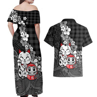 Black Palaka Hawaiian And Japanese Couples Matching Off Shoulder Maxi Dress and Hawaiian Shirt Maneki Neko And Sakura Bloom