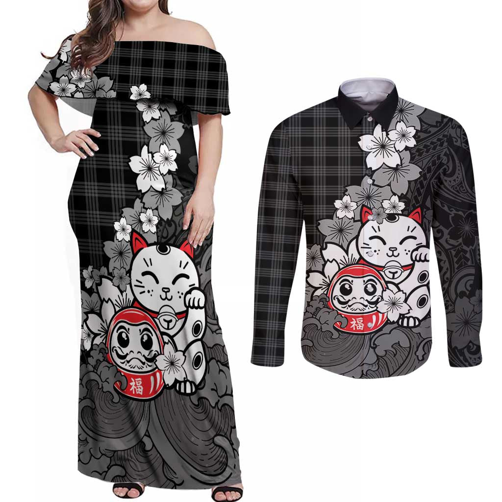 Black Palaka Hawaiian And Japanese Couples Matching Off Shoulder Maxi Dress and Long Sleeve Button Shirt Maneki Neko And Sakura Bloom