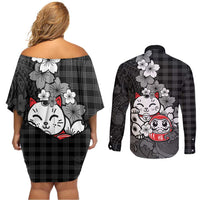 Black Palaka Hawaiian And Japanese Couples Matching Off Shoulder Short Dress and Long Sleeve Button Shirt Maneki Neko And Sakura Bloom