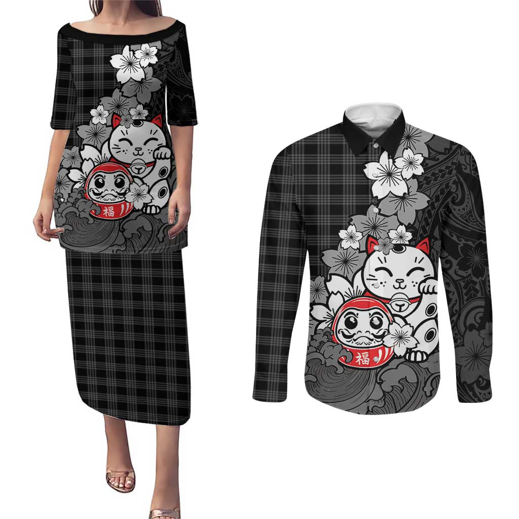 Black Palaka Hawaiian And Japanese Couples Matching Puletasi and Long Sleeve Button Shirt Maneki Neko And Sakura Bloom DT05 Black - Polynesian Pride