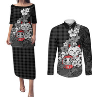 Black Palaka Hawaiian And Japanese Couples Matching Puletasi and Long Sleeve Button Shirt Maneki Neko And Sakura Bloom DT05 Black - Polynesian Pride