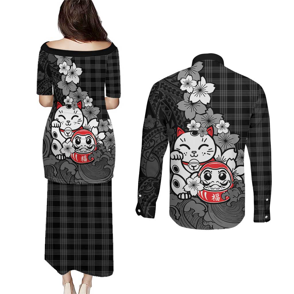 Black Palaka Hawaiian And Japanese Couples Matching Puletasi and Long Sleeve Button Shirt Maneki Neko And Sakura Bloom DT05 - Polynesian Pride