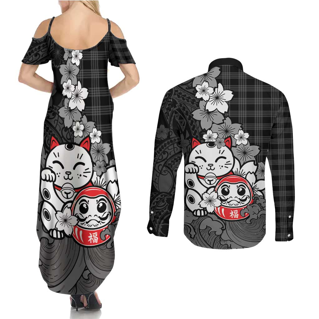 Black Palaka Hawaiian And Japanese Couples Matching Summer Maxi Dress and Long Sleeve Button Shirt Maneki Neko And Sakura Bloom