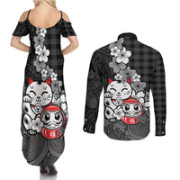 Black Palaka Hawaiian And Japanese Couples Matching Summer Maxi Dress and Long Sleeve Button Shirt Maneki Neko And Sakura Bloom